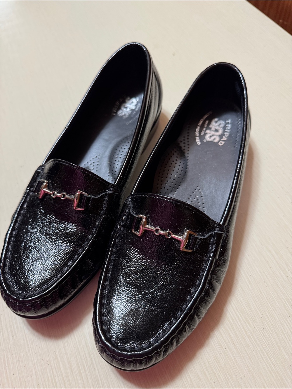 SAS Black Patent Leather Slip-On Loafers with Gold Tone Bit